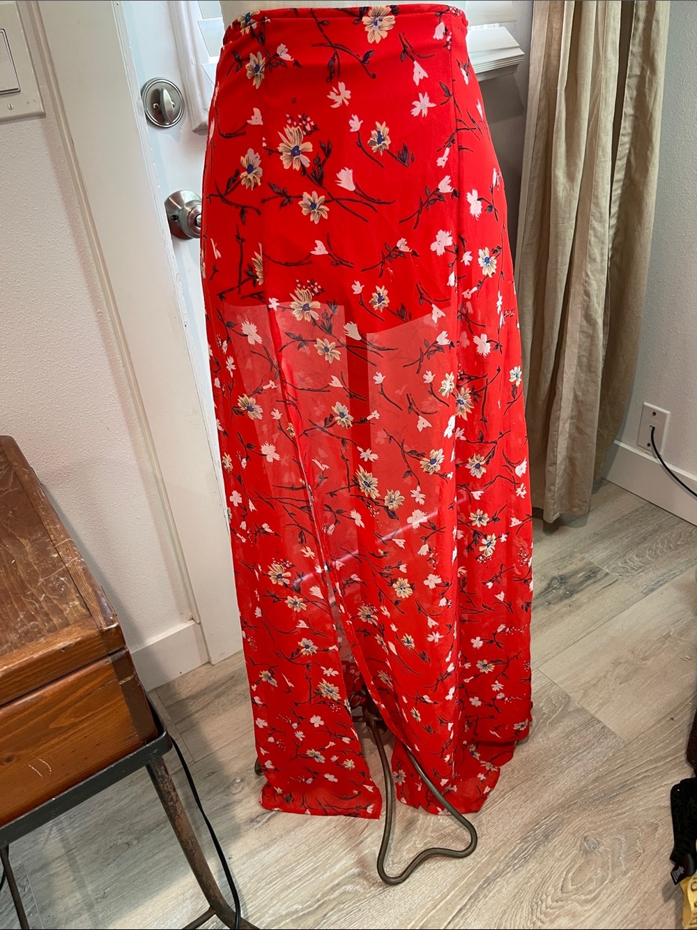 Essue Floral Red Maxi Skirt - Lightweight Double Slit Style